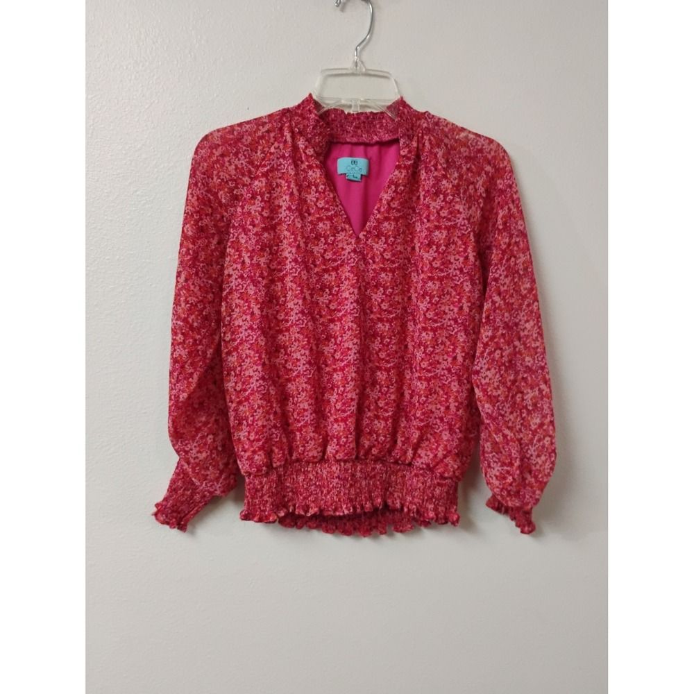 CeCe Pink Red Floral Smocked V-Neck Blouse Long Sleeve Top Small